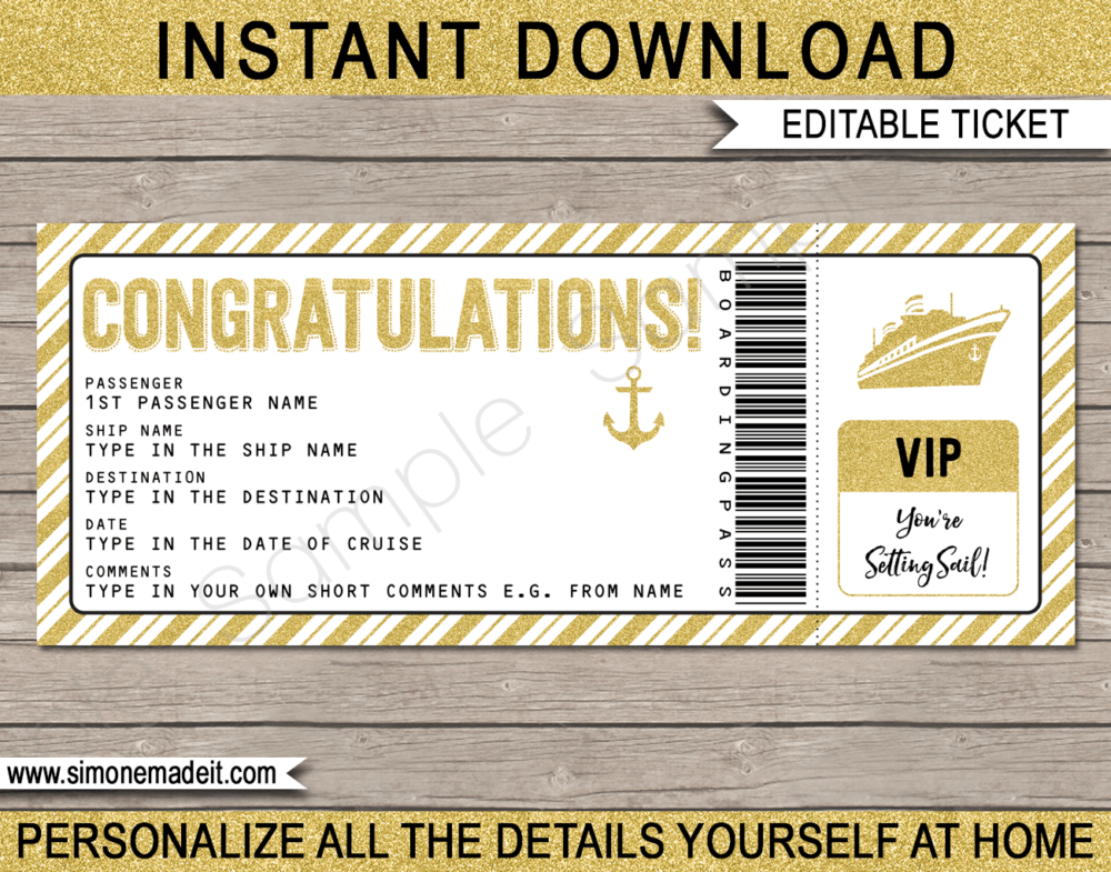 Printable Surprise Congratulations Cruise Ticket Boarding Pass Gift Template | Gold Glitter | Editable Gift Voucher | Surprise Cruise Reveal | INSTANT DOWNLOAD via giftsbysimonemadeit.com