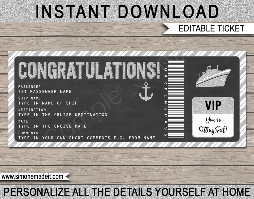 Printable Surprise Congratulations Cruise Ticket Boarding Pass Gift Template | Silver Glitter & Chalkboard | Editable Gift Voucher | Surprise Cruise Reveal | INSTANT DOWNLOAD via giftsbysimonemadeit.com