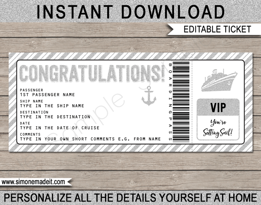 Printable Surprise Congratulations Cruise Ticket Boarding Pass Gift Template | Silver Glitter | Editable Gift Voucher | Surprise Cruise Reveal | INSTANT DOWNLOAD via giftsbysimonemadeit.com