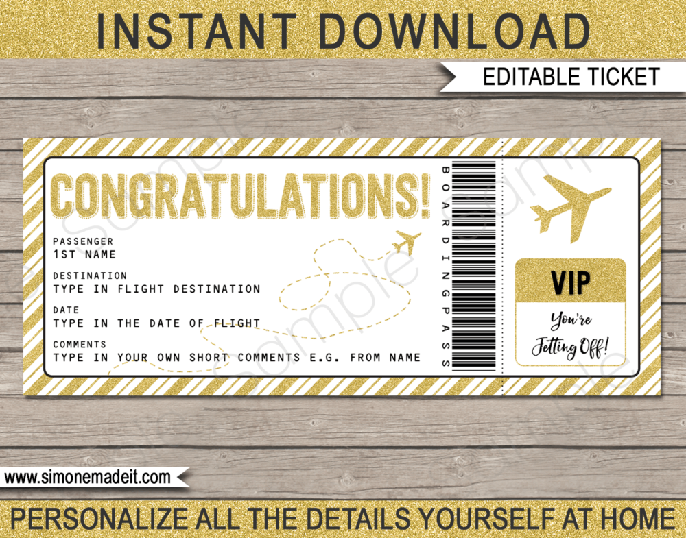 Printable Congratulations Gift Boarding Pass Template | Surprise Trip Reveal, Flight, Getaway, Holiday, Vacation | Faux Fake Plane Boarding Pass | Travel Ticket | DIY Editable Template | Instant Download via giftsbysimonemadeit.com