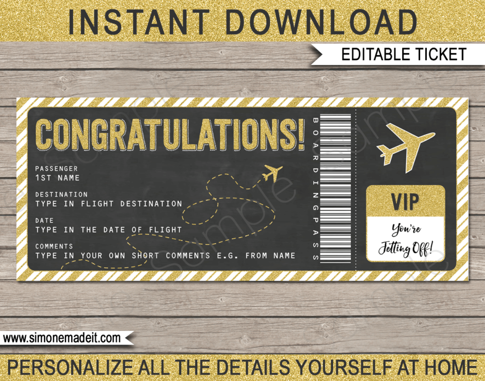 Printable Congratulations Gift Boarding Pass Template | Surprise Trip Reveal, Flight, Getaway, Holiday, Vacation | Faux Fake Plane Boarding Pass | Travel Ticket | DIY Editable Template | Instant Download via giftsbysimonemadeit.com