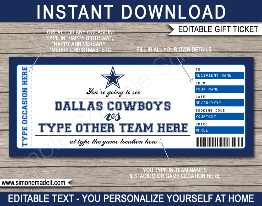 Printable Dallas Cowboys Game Ticket Gift Voucher Template | Surprise tickets to a Dallas Cowboys Football Game | Editable Text | Gift Certificate | Birthday, Christmas, Anniversary, Retirement, Graduation, Mother's Day, Father's Day, Congratulations, Valentine's Day | INSTANT DOWNLOAD via giftsbysimonemadeit.com