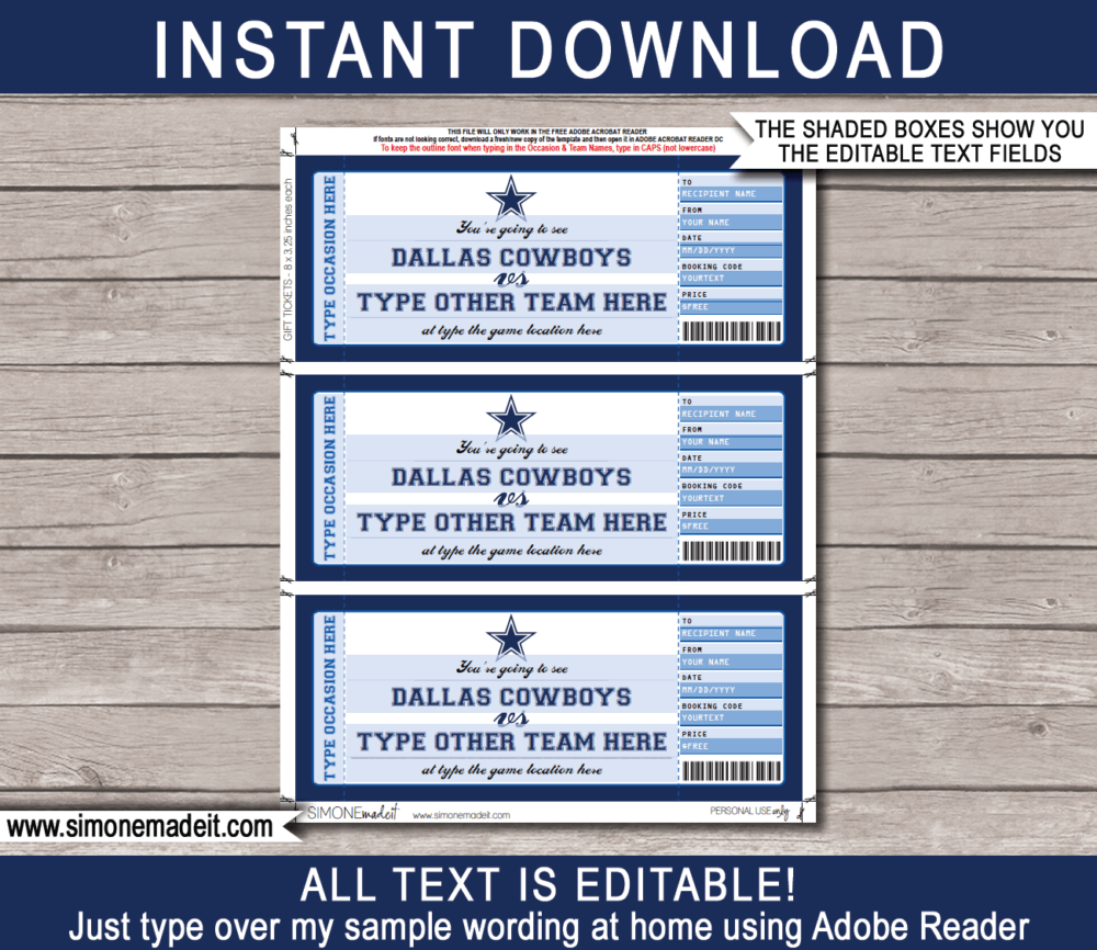 Printable Dallas Cowboys Game Ticket Gift Voucher Template | Surprise tickets to a Dallas Cowboys Football Game | Editable Text | Gift Certificate | Birthday, Christmas, Anniversary, Retirement, Graduation, Mother's Day, Father's Day, Congratulations, Valentine's Day | INSTANT DOWNLOAD via giftsbysimonemadeit.com