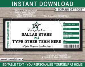 Printable Dallas Stars Game Ticket Gift Voucher Template | Printable Surprise NHL Hockey Tickets | Editable Text | Gift Certificate | Birthday, Christmas, Anniversary, Retirement, Graduation, Mother's Day, Father's Day, Congratulations, Valentine's Day | INSTANT DOWNLOAD via giftsbysimonemadeit.com