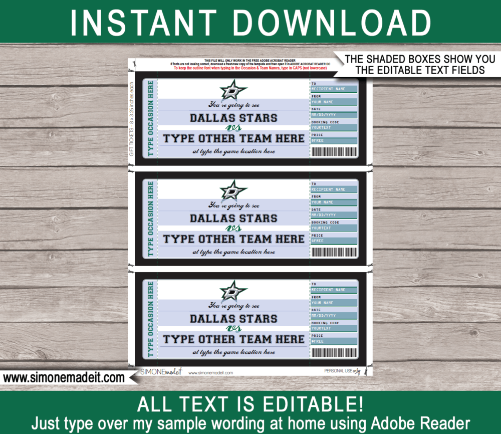 Printable Dallas Stars Game Ticket Gift Voucher Template | Printable Surprise NHL Hockey Tickets | Editable Text | Gift Certificate | Birthday, Christmas, Anniversary, Retirement, Graduation, Mother's Day, Father's Day, Congratulations, Valentine's Day | INSTANT DOWNLOAD via giftsbysimonemadeit.com