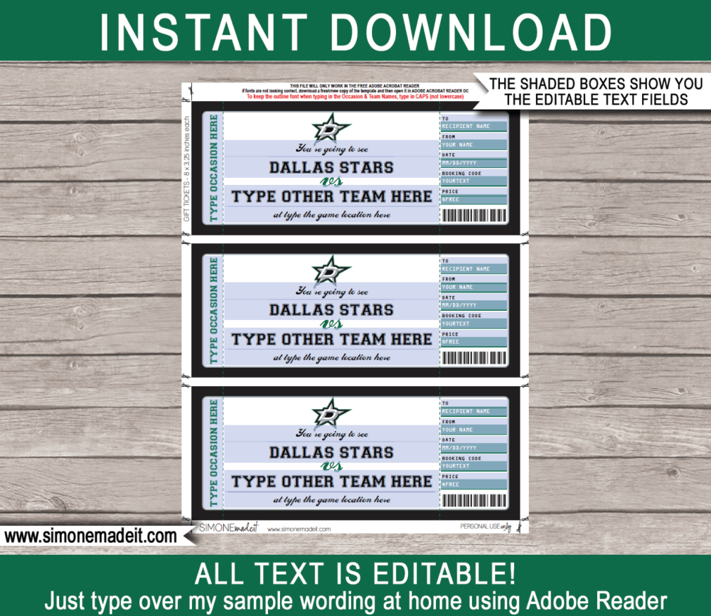 Dallas Stars Game Ticket Gift Voucher Printable Surprise Hockey Tickets