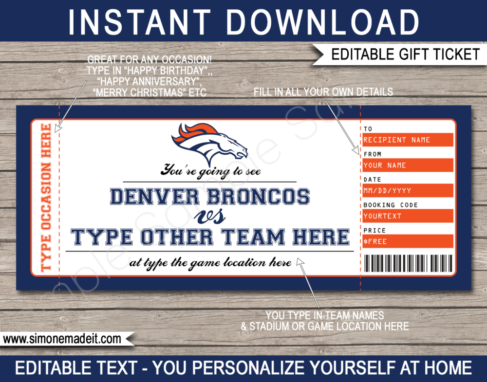 Printable Denver Broncos Game Ticket Gift Voucher Template | Surprise tickets to a Denver Broncos Football Game | Editable Text | Gift Certificate | Birthday, Christmas, Anniversary, Retirement, Graduation, Mother's Day, Father's Day, Congratulations, Valentine's Day | INSTANT DOWNLOAD via giftsbysimonemadeit.com