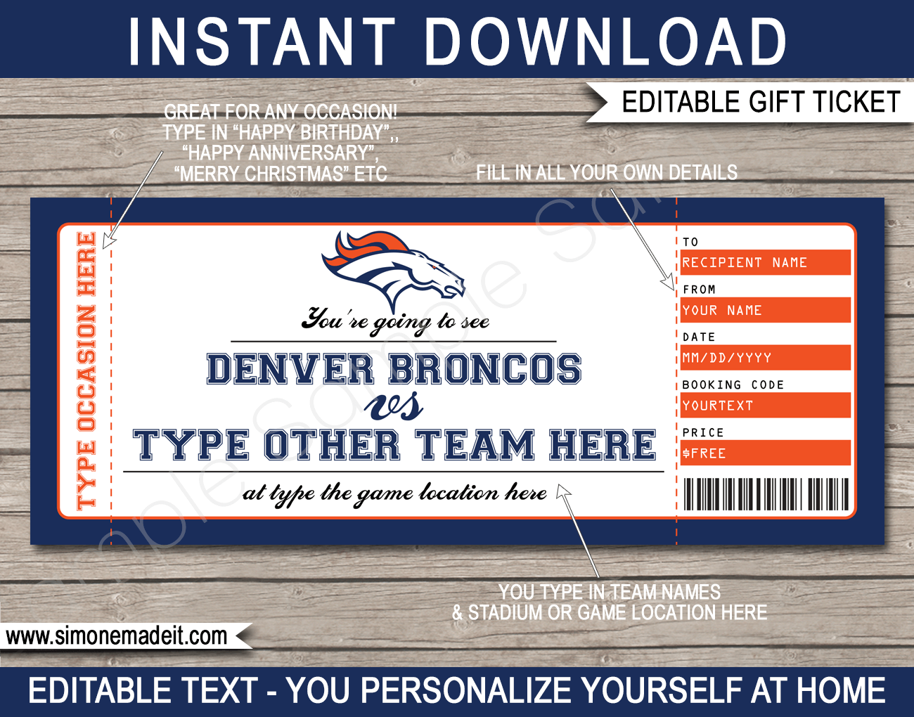 Denver Broncos Game Ticket Gift Voucher Printable Surprise Football