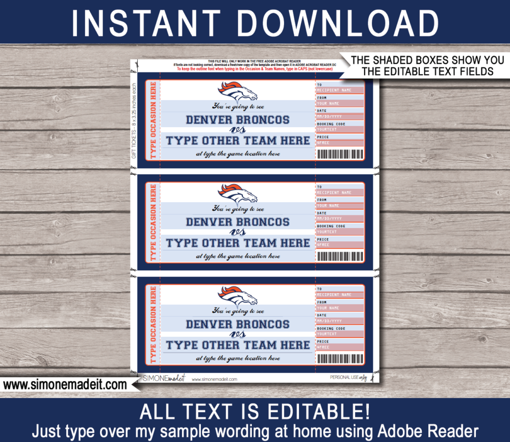 Printable Denver Broncos Game Ticket Gift Voucher Template | Surprise tickets to a Denver Broncos Football Game | Editable Text | Gift Certificate | Birthday, Christmas, Anniversary, Retirement, Graduation, Mother's Day, Father's Day, Congratulations, Valentine's Day | INSTANT DOWNLOAD via giftsbysimonemadeit.com