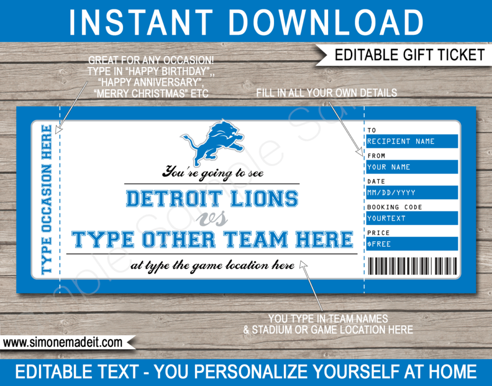 Printable Detroit Lions Game Ticket Gift Voucher Template | Surprise tickets to a Detroit Lions Football Game | Editable Text | Gift Certificate | Birthday, Christmas, Anniversary, Retirement, Graduation, Mother's Day, Father's Day, Congratulations, Valentine's Day | INSTANT DOWNLOAD via giftsbysimonemadeit.com