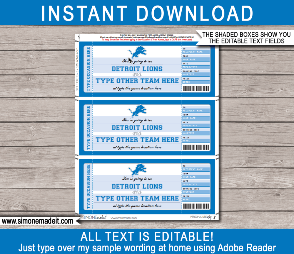 Printable Detroit Lions Game Ticket Gift Voucher Template | Surprise tickets to a Detroit Lions Football Game | Editable Text | Gift Certificate | Birthday, Christmas, Anniversary, Retirement, Graduation, Mother's Day, Father's Day, Congratulations, Valentine's Day | INSTANT DOWNLOAD via giftsbysimonemadeit.com