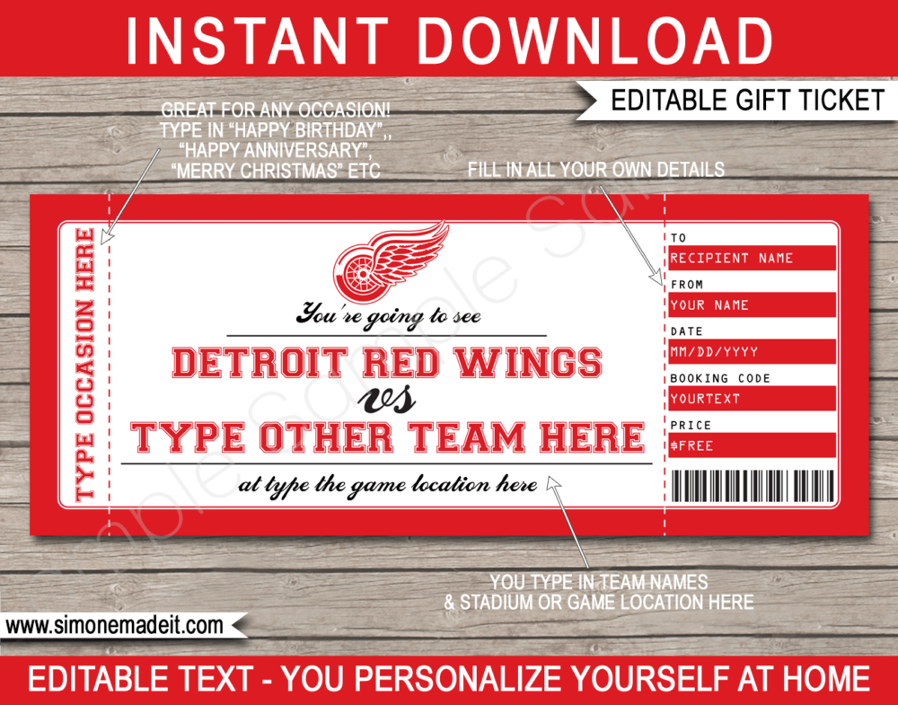 Printable Detroit Red Wings Game Ticket Gift Voucher Template | Printable Surprise NHL Hockey Tickets | Editable Text | Gift Certificate | Birthday, Christmas, Anniversary, Retirement, Graduation, Mother's Day, Father's Day, Congratulations, Valentine's Day | INSTANT DOWNLOAD via giftsbysimonemadeit.com