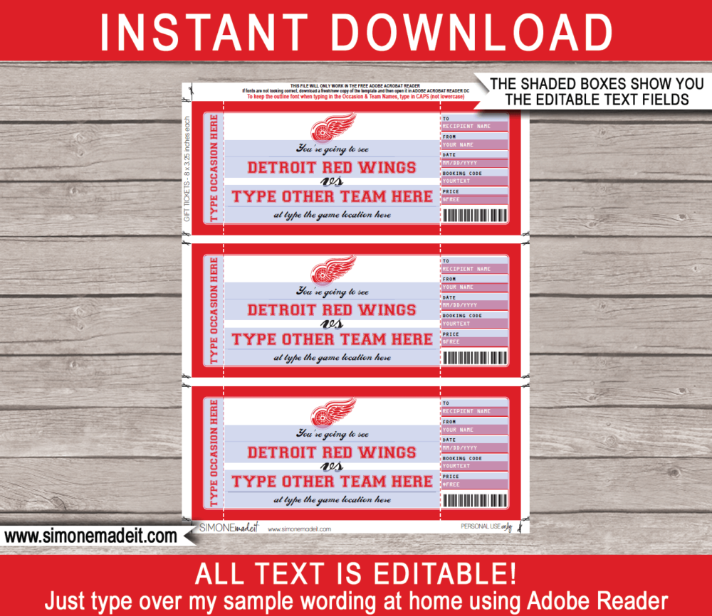 Printable Detroit Red Wings Game Ticket Gift Voucher Template | Printable Surprise NHL Hockey Tickets | Editable Text | Gift Certificate | Birthday, Christmas, Anniversary, Retirement, Graduation, Mother's Day, Father's Day, Congratulations, Valentine's Day | INSTANT DOWNLOAD via giftsbysimonemadeit.com