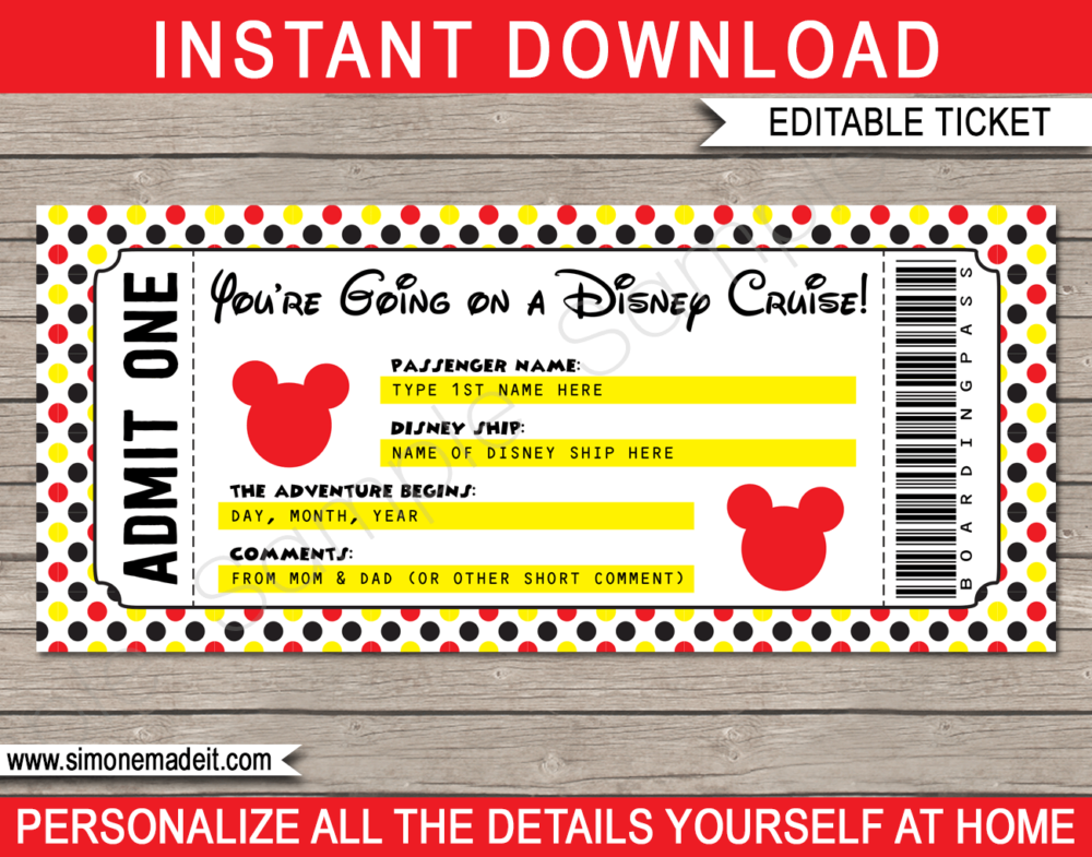 Printable Disney Cruise Ticket Template | Surprise Trip on a Disney Cruise | DIY Editable Template | INSTANT DOWNLOAD via giftsbysimonemadeit.com