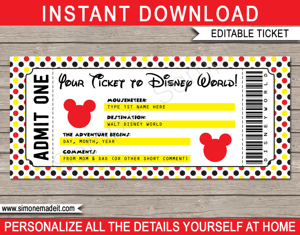 Printable Ticket to Disney World Template | Surprise Trip to Disney World Gift | Any Occasion | Birthday, Christmas, Congratulations | DIY Editable Template | INSTANT DOWNLOAD via giftsbysimonemadeit.com