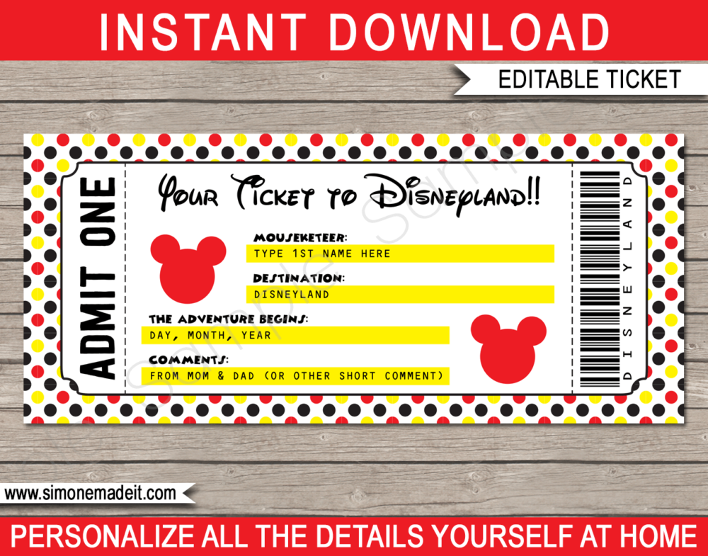 Printable Ticket to Disneyland Template | Surprise Trip to Disneyland Gift | Any Occasion | Birthday, Christmas, Congratulations | DIY Editable Template | INSTANT DOWNLOAD via giftsbysimonemadeit.com