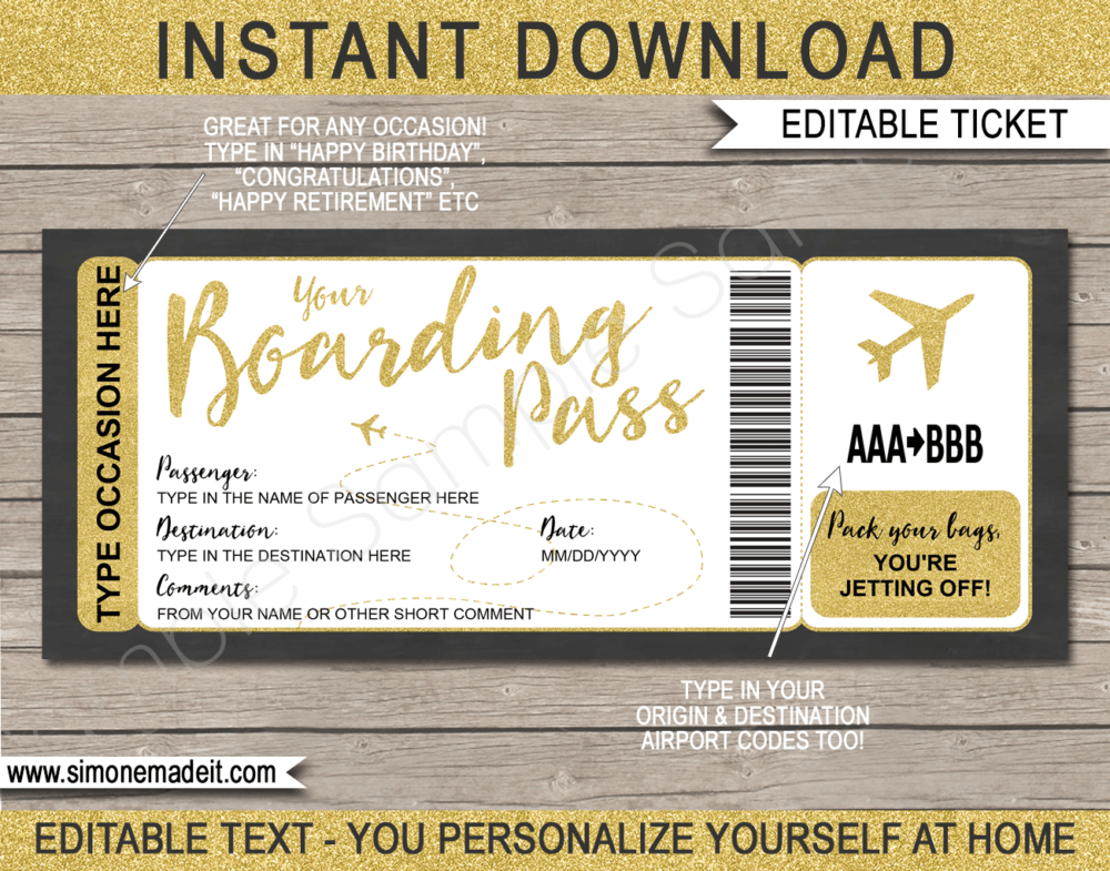 Gold Printable Boarding Pass Ticket Template | Fake Plane Ticket | Trip Reveal | Faux Travel Airline Airplane Document | | Any Occasion Gift - Birthday, Anniversary, Christmas, Honeymoon, Congratulations, Girls Trip, Mother's Day, Father's Day etc | DIY Editable & Template | Instant Download via giftsbysimonemadeit.com
