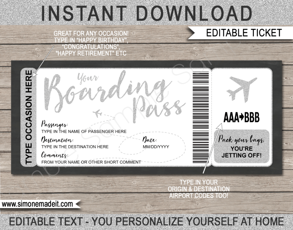 Silver Printable Boarding Pass Ticket Template | Fake Plane Ticket | Trip Reveal | Faux Travel Airline Airplane Document | | Any Occasion Gift - Birthday, Anniversary, Christmas, Honeymoon, Congratulations, Girls Trip, Mother's Day, Father's Day etc | DIY Editable & Template | Instant Download via giftsbysimonemadeit.com