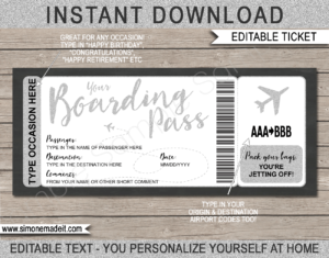 Silver Printable Boarding Pass Ticket Template | Fake Plane Ticket | Trip Reveal | Faux Travel Airline Airplane Document | | Any Occasion Gift - Birthday, Anniversary, Christmas, Honeymoon, Congratulations, Girls Trip, Mother's Day, Father's Day etc | DIY Editable & Template | Instant Download via giftsbysimonemadeit.com