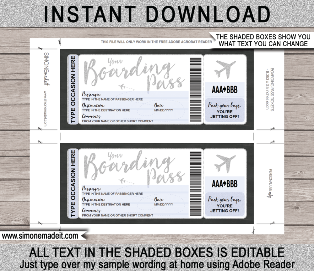 Printable Boarding Pass Ticket Template | Fake Plane Ticket | Trip Reveal | Faux Travel Airline Airplane Document | | Any Occasion Gift - Birthday, Anniversary, Christmas, Honeymoon, Congratulations, Girls Trip, Mother's Day, Father's Day etc | DIY Editable & Template | Instant Download via giftsbysimonemadeit.com
