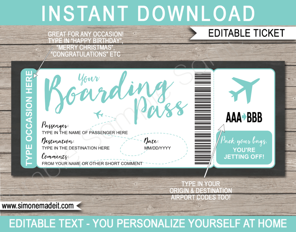 Printable Boarding Pass Template | Surprise Trip Ticket | Fake Plane Ticket | Trip Reveal | Faux Travel Airline Airplane Document | | Any Occasion Gift - Birthday, Anniversary, Christmas, Honeymoon, Girls Trip, Mother's Day, Father's Day etc | DIY Editable & Template | Instant Download via giftsbysimonemadeit.com