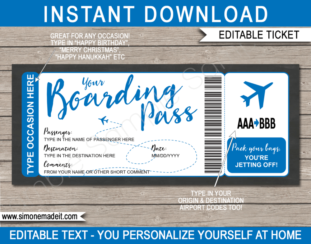 Blue Editable Boarding Pass Template | Surprise Trip Ticket | Fake Plane Ticket | Trip Reveal | Faux Travel Airline Airplane Document | | Any Occasion Gift - Birthday, Anniversary, Christmas, Honeymoon, Girls Trip, Mother's Day, Father's Day etc | DIY Editable & Template | Instant Download via giftsbysimonemadeit.com