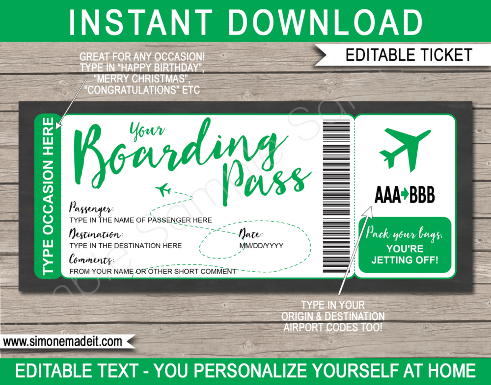 Green Printable Boarding Pass Template | Surprise Trip Ticket | Fake Plane Ticket | Trip Reveal | Faux Travel Airline Airplane Document | | Any Occasion Gift - Birthday, Anniversary, Christmas, Honeymoon, Girls Trip, Mother's Day, Father's Day etc | DIY Editable & Template | Instant Download via giftsbysimonemadeit.com