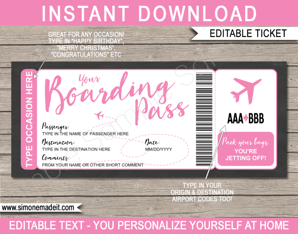 Pink Printable Boarding Pass Template | Surprise Trip Ticket | Fake Plane Ticket | Trip Reveal | Faux Travel Airline Airplane Document | | Any Occasion Gift - Birthday, Anniversary, Christmas, Honeymoon, Girls Trip, Mother's Day, Father's Day etc | DIY Editable & Template | Instant Download via giftsbysimonemadeit.com