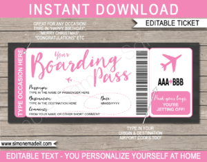 Pink Printable Boarding Pass Template | Surprise Trip Ticket | Fake Plane Ticket | Trip Reveal | Faux Travel Airline Airplane Document | | Any Occasion Gift - Birthday, Anniversary, Christmas, Honeymoon, Girls Trip, Mother's Day, Father's Day etc | DIY Editable & Template | Instant Download via giftsbysimonemadeit.com