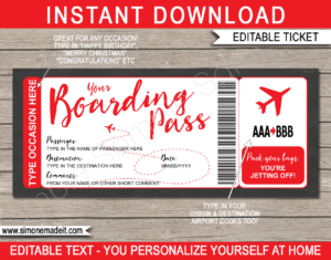 Red Editable Boarding Pass Template | Surprise Trip Ticket | Fake Plane Ticket | Trip Reveal | Faux Travel Airline Airplane Document | | Any Occasion Gift - Birthday, Anniversary, Christmas, Honeymoon, Girls Trip, Mother's Day, Father's Day etc | DIY Editable & Template | Instant Download via giftsbysimonemadeit.com