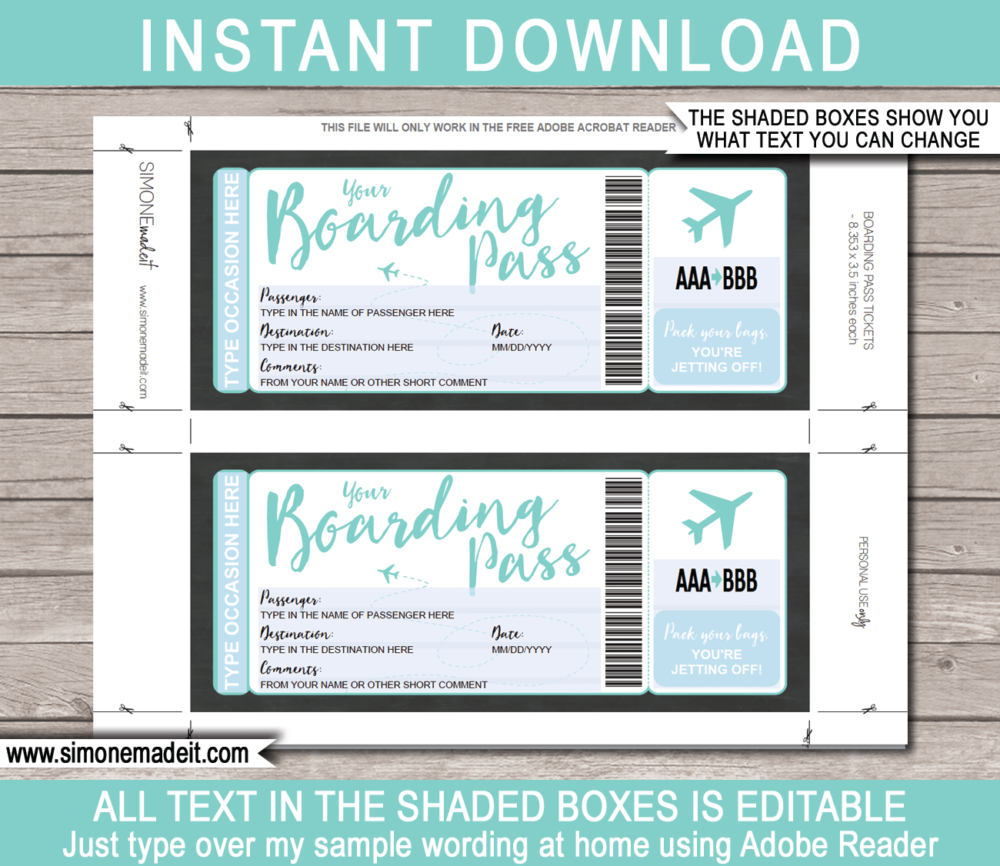 Printable Boarding Pass Template | Surprise Trip Ticket | Fake Plane Ticket | Trip Reveal | Faux Travel Airline Airplane Document | | Any Occasion Gift - Birthday, Anniversary, Christmas, Honeymoon, Girls Trip, Mother's Day, Father's Day etc | DIY Editable & Template | Instant Download via giftsbysimonemadeit.com