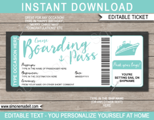 Printable Aqua Cruise Boarding Pass Gift Voucher Template | DIY Editable Cruise Ticket Gift Template | Surprise Cruise Reveal | INSTANT DOWNLOAD via giftsbysimonemadeit.com