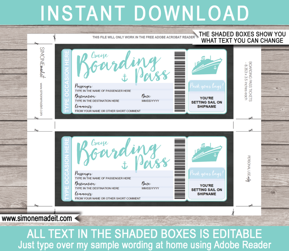 Printable Aqua Cruise Boarding Pass Gift Voucher Template | DIY Editable Cruise Ticket Gift Template | Surprise Cruise Reveal | INSTANT DOWNLOAD via giftsbysimonemadeit.com