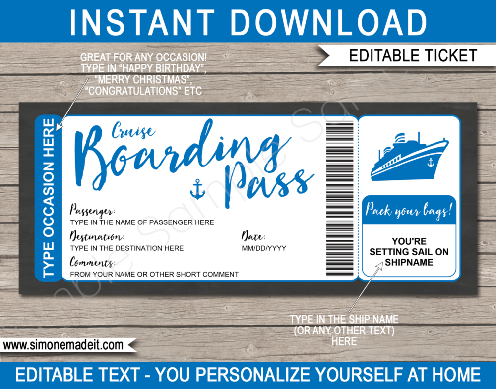 Printable Blue Cruise Boarding Pass Gift Voucher Template | DIY Editable Cruise Ticket Gift Template | Surprise Cruise Reveal | INSTANT DOWNLOAD via giftsbysimonemadeit.com