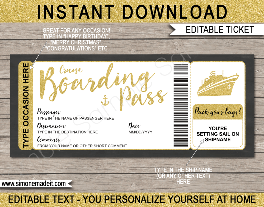 Printable Surprise Cruise Boarding Pass Ticket Template | Gold Glitter | DIY Editable Cruise Travel Template | Surprise Cruise Reveal | INSTANT DOWNLOAD via giftsbysimonemadeit.com