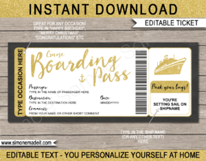 Printable Surprise Cruise Boarding Pass Ticket Template | Gold Glitter | DIY Editable Cruise Travel Template | Surprise Cruise Reveal | INSTANT DOWNLOAD via giftsbysimonemadeit.com