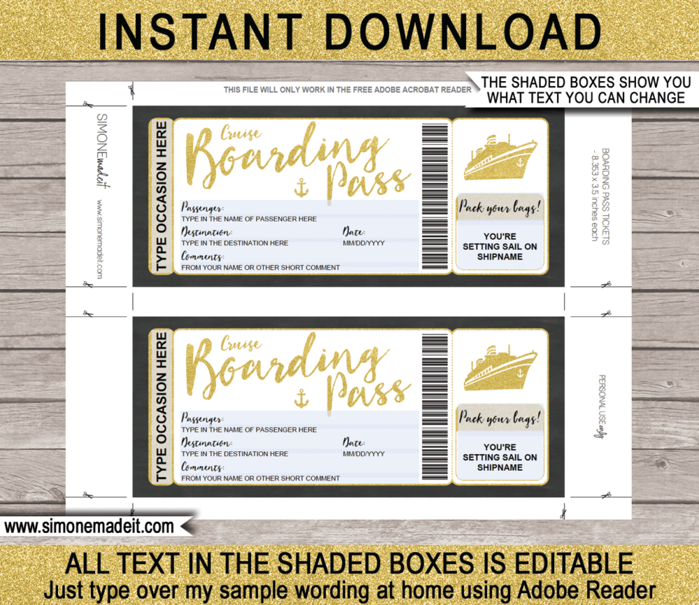 Printable Surprise Cruise Boarding Pass Ticket Template | Gold Glitter | DIY Editable Cruise Travel Template | Surprise Cruise Reveal | INSTANT DOWNLOAD via giftsbysimonemadeit.com