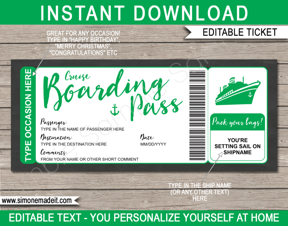Printable Green Cruise Boarding Pass Gift Voucher Template | DIY Editable Cruise Ticket Gift Template | Surprise Cruise Reveal | INSTANT DOWNLOAD via giftsbysimonemadeit.com