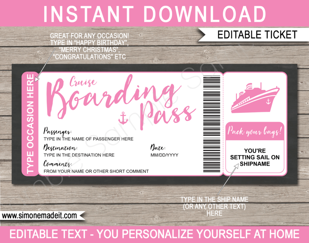 Printable Pink Cruise Boarding Pass Gift Voucher Template | DIY Editable Cruise Ticket Gift Template | Surprise Cruise Reveal | INSTANT DOWNLOAD via giftsbysimonemadeit.com