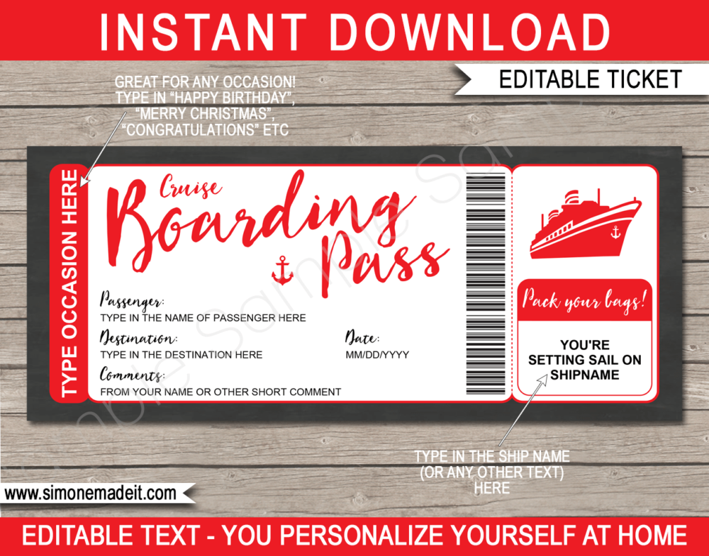 Printable Red Cruise Boarding Pass Gift Voucher Template | DIY Editable Cruise Ticket Gift Template | Surprise Cruise Reveal | INSTANT DOWNLOAD via giftsbysimonemadeit.com