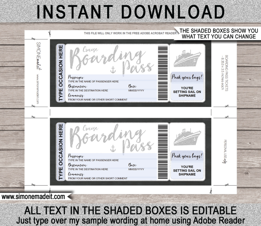 Printable Surprise Cruise Boarding Pass Ticket Template | Silver Glitter | DIY Editable Cruise Travel Template | Surprise Cruise Reveal | INSTANT DOWNLOAD via giftsbysimonemadeit.com