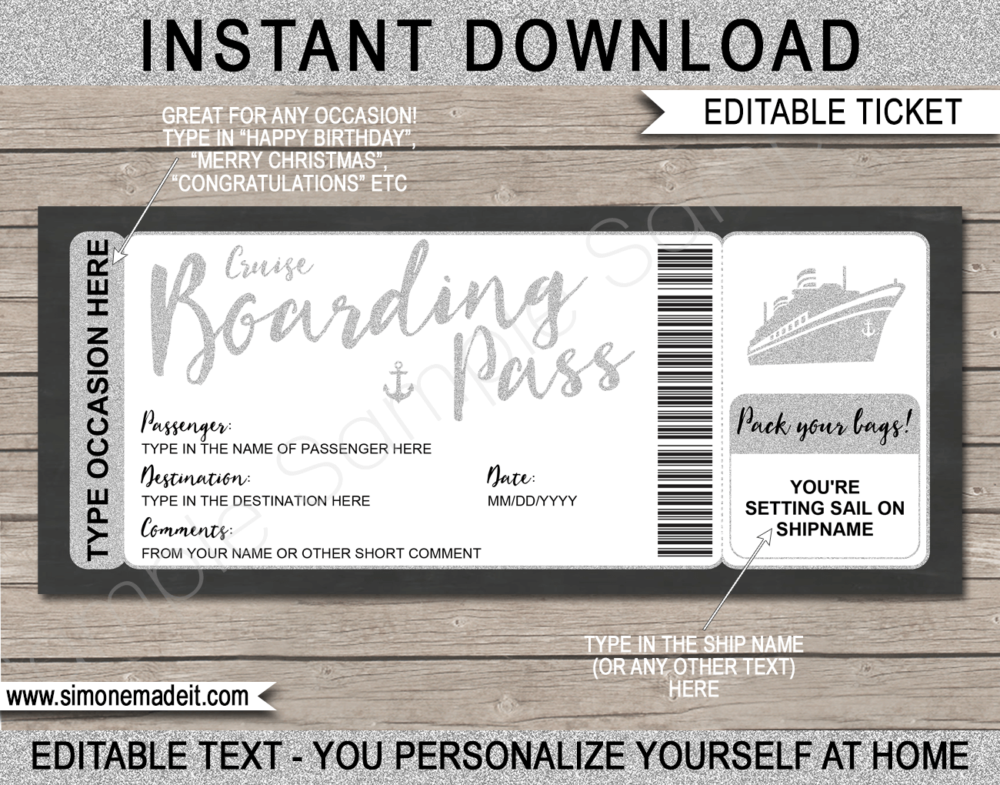 Printable Surprise Cruise Boarding Pass Ticket Template | Silver Glitter | DIY Editable Cruise Travel Template | Surprise Cruise Reveal | INSTANT DOWNLOAD via giftsbysimonemadeit.com