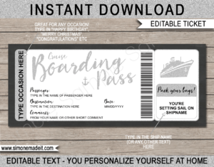 Printable Surprise Cruise Boarding Pass Ticket Template | Silver Glitter | DIY Editable Cruise Travel Template | Surprise Cruise Reveal | INSTANT DOWNLOAD via giftsbysimonemadeit.com