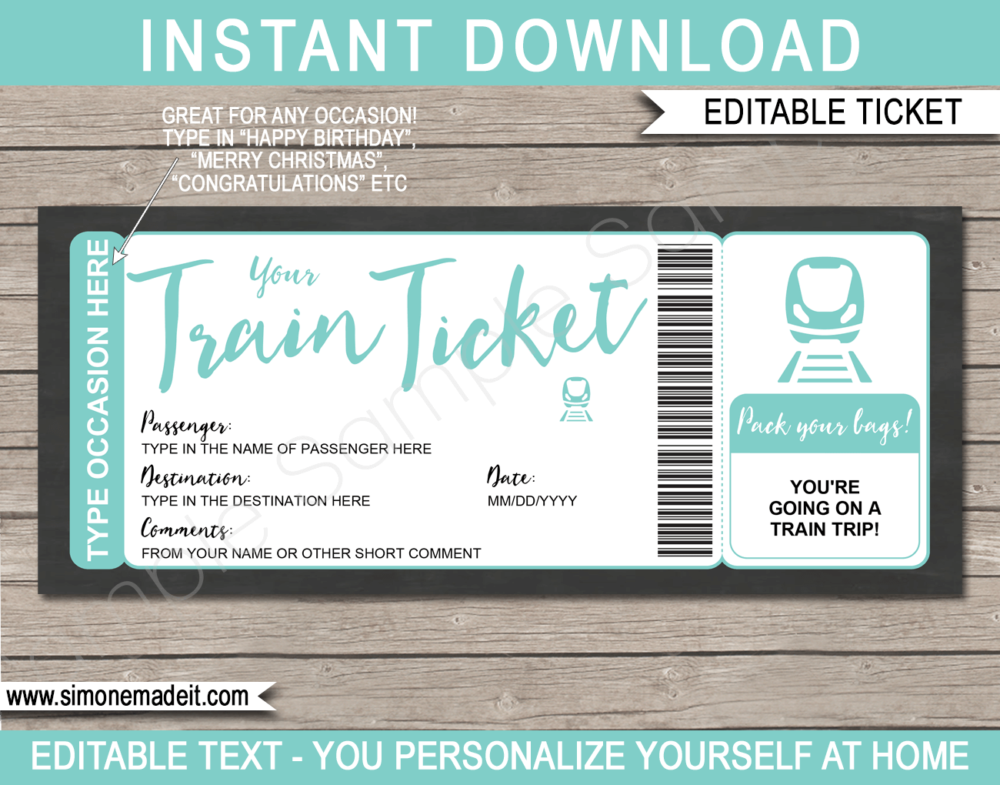 Printable Train Ticket Gift Voucher Template | Aqua | Surprise Train Trip Reveal Ticket | Faux Fake Train Boarding Pass | DIY Editable Template | INSTANT DOWNLOAD via giftsbysimonemadeit.com