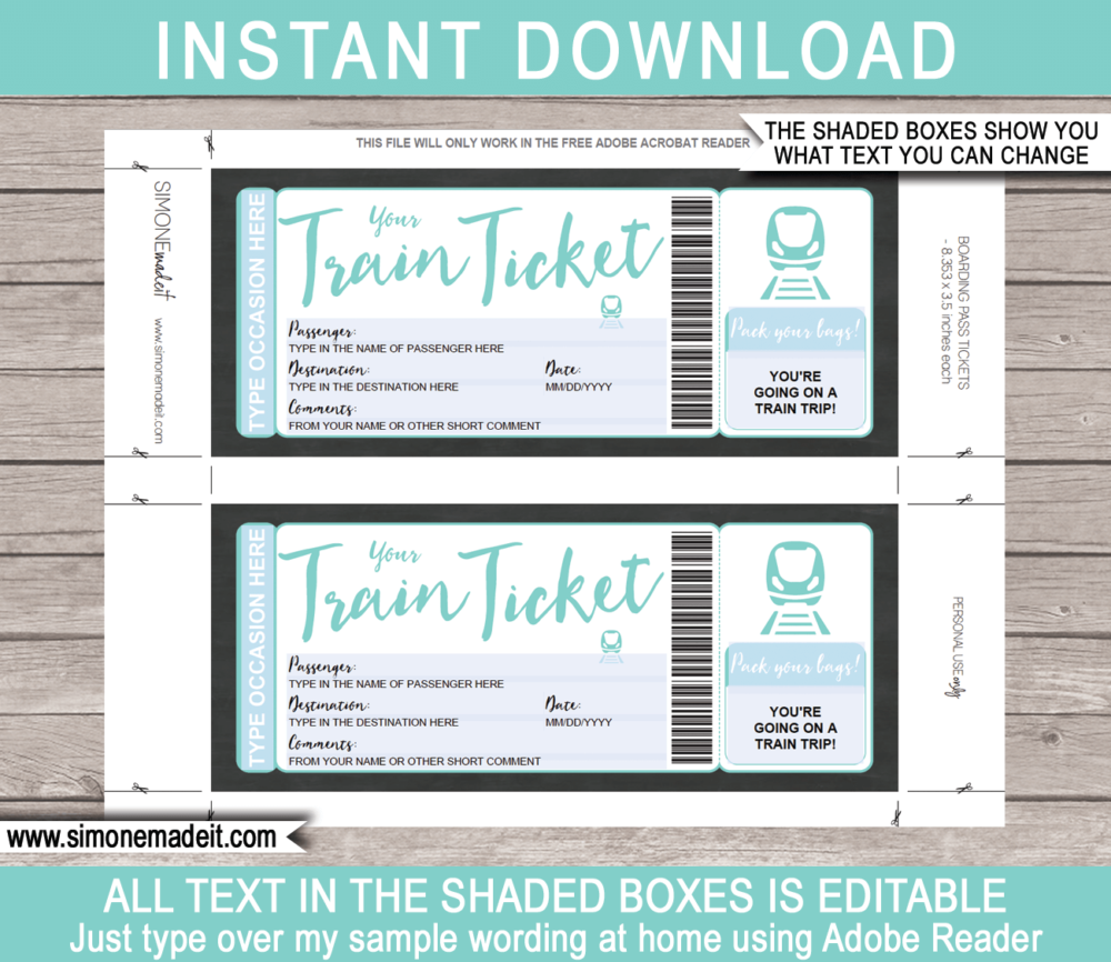 Printable Train Ticket Gift Voucher Template | Aqua | Surprise Train Trip Reveal Ticket | Faux Fake Train Boarding Pass | DIY Editable Template | INSTANT DOWNLOAD via giftsbysimonemadeit.com