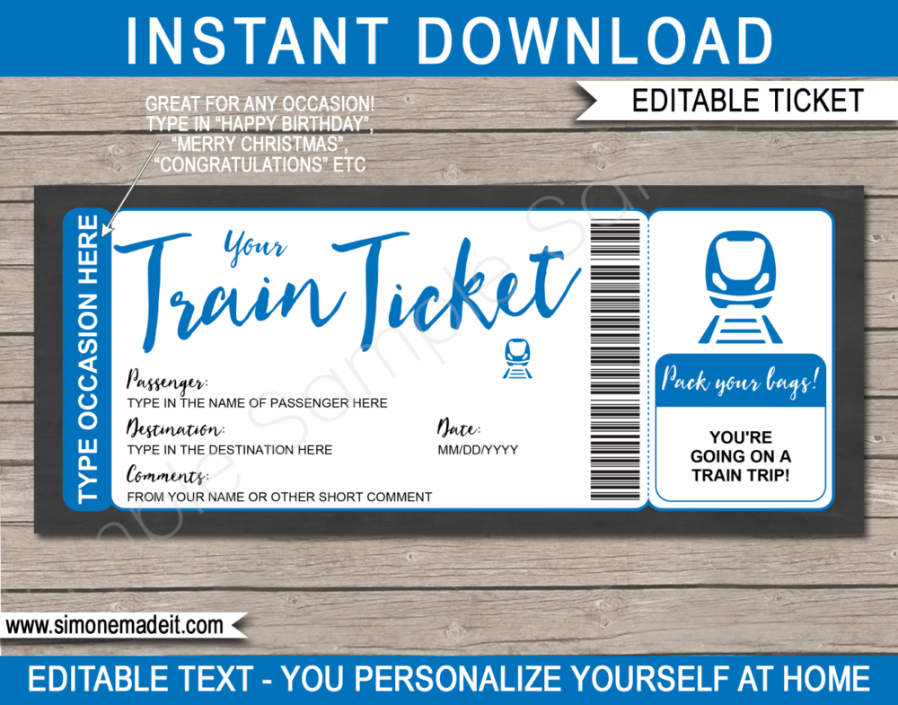 Printable Train Ticket Gift Voucher Template | Blue | Surprise Train Trip Reveal Ticket | Faux Fake Train Boarding Pass | DIY Editable Template | INSTANT DOWNLOAD via giftsbysimonemadeit.com