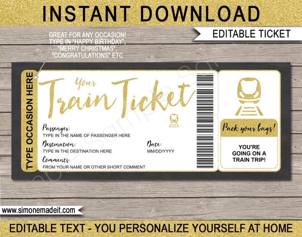 Printable Surprise Train Trip Ticket Template | Gold Glitter | Train Trip Reveal Ticket | Faux Fake Train Boarding Pass | DIY Editable Template | Birthday, Christmas, Anniversary, Mother's Day, Father's Day, Retirement, Spring Break, Graduation | INSTANT DOWNLOAD via giftsbysimonemadeit.com