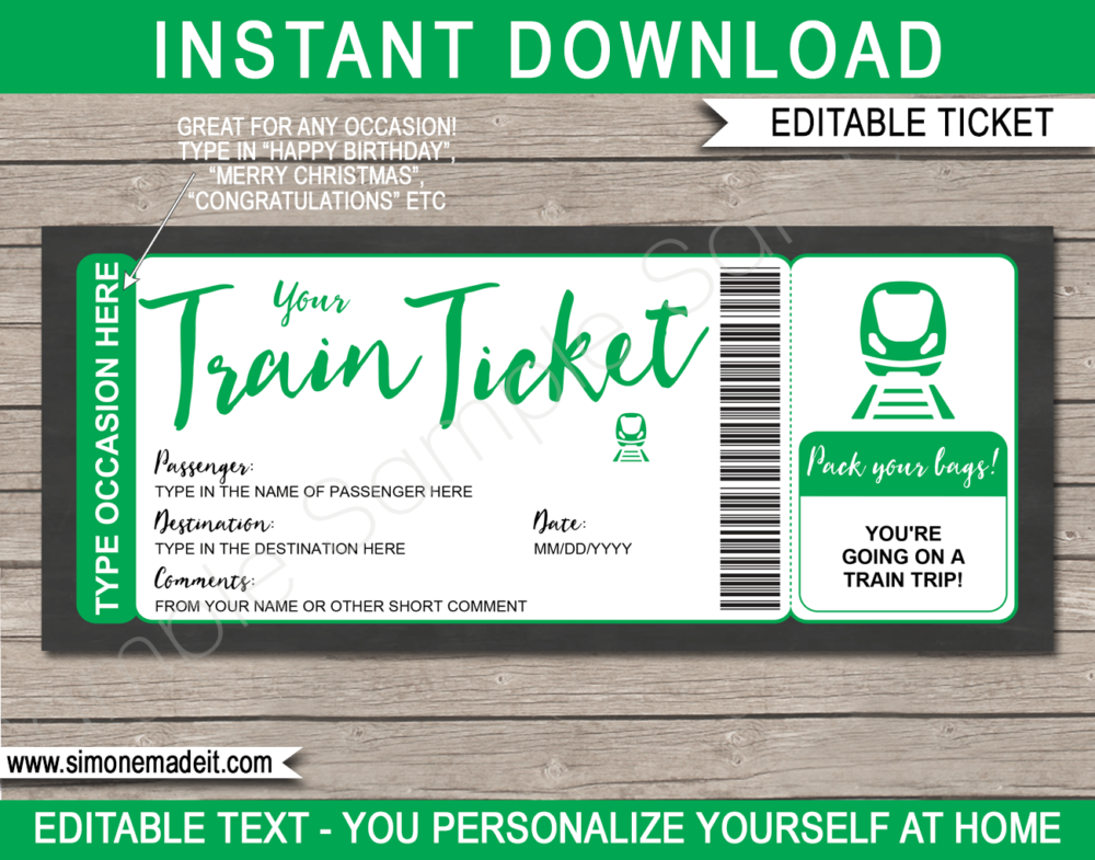 Printable Train Ticket Gift Voucher Template | Green | Surprise Train Trip Reveal Ticket | Faux Fake Train Boarding Pass | DIY Editable Template | INSTANT DOWNLOAD via giftsbysimonemadeit.com