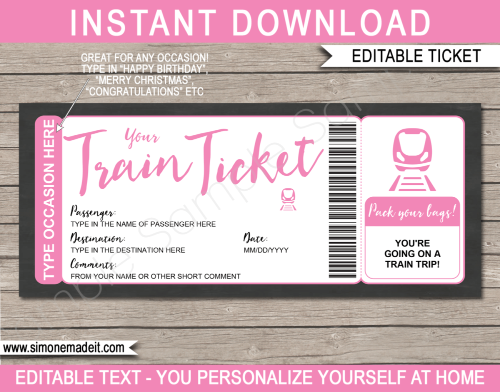 Printable Train Ticket Gift Voucher Template | Pink | Surprise Train Trip Reveal Ticket | Faux Fake Train Boarding Pass | DIY Editable Template | INSTANT DOWNLOAD via giftsbysimonemadeit.com