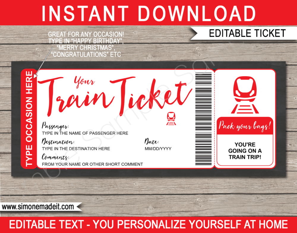 Printable Train Ticket Gift Voucher Template | Red | Surprise Train Trip Reveal Ticket | Faux Fake Train Boarding Pass | DIY Editable Template | INSTANT DOWNLOAD via giftsbysimonemadeit.com